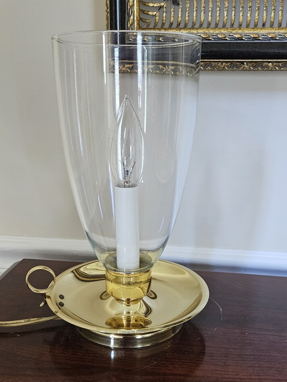 Vintage Brass Hurricane Candle Lamp 10" Clear Glass Chimney, Leviton Switch